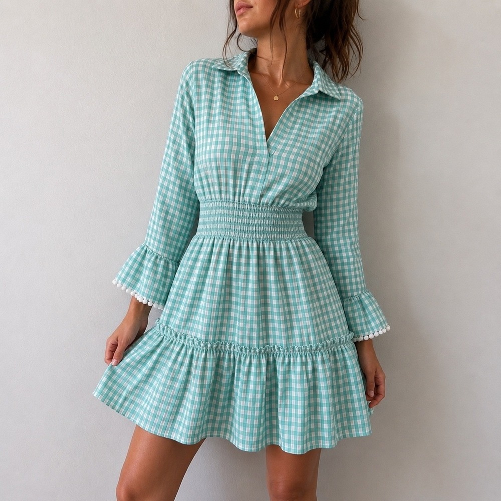 Walker & Wade MIa Mint Green Gingham Smocked‎ Mini Dress XS Cottagecore Coastal